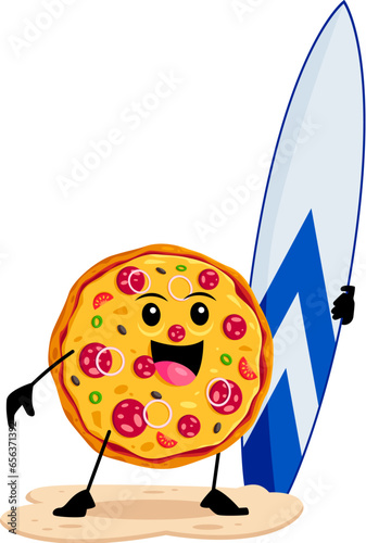 Cartoon fast food pizza character with surf board. Takeaway cafe or pizzeria meal cute mascot, street cafe or fast food restaurant dish happy vector personage, pizza cheerful character with surfboard