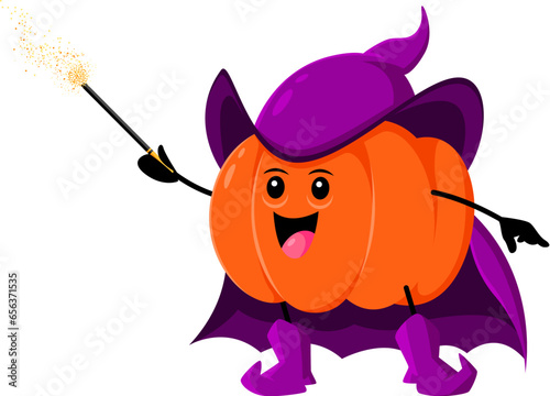 Cartoon Halloween pumpkin wizard character. Isolated vector gourd wiz personage, armed with a mystical wand, radiates enchantment and mischief, ready to conjure jack-o-lantern magic on All Hallows Eve