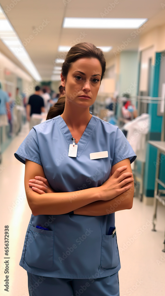 Tired, unhappy and burned out or stressed nurse or doctor, standing in a hospital hallway. Portrait of a female healthcare provider. Shallow field of view. Tired, unhappy and burned out or stressed nurse or doctor, standing in a hospital hallway. Portrait of a female healthcare provider. Shallow field of view.