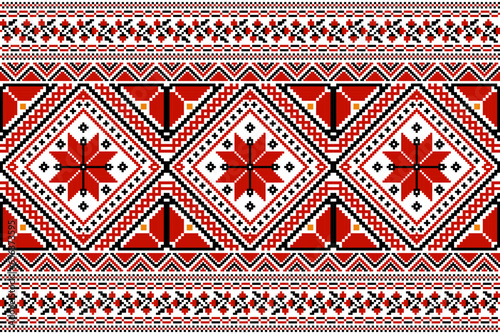 flower embroidery on white background. ikat and cross stitch geometric seamless pattern ethnic oriental traditional. Aztec style illustration design for carpet, wallpaper, clothing, wrapping, batik.