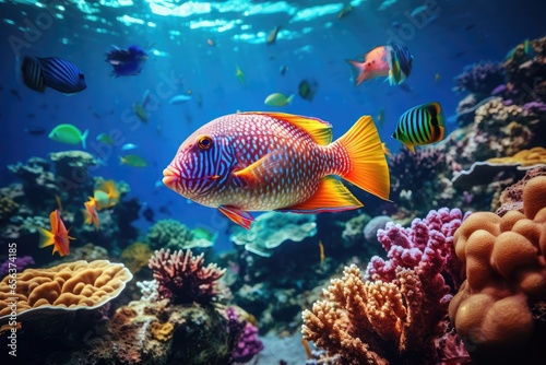 Animals of the underwater sea world. Ecosystem. Colorful tropical fish. Life in the coral reef. © VIK
