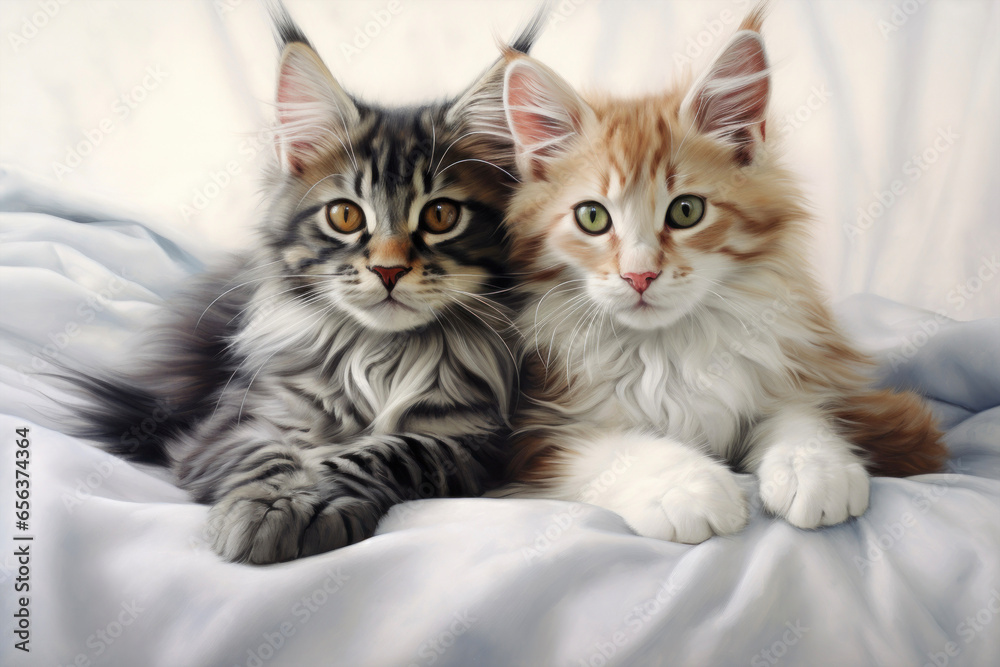 Two Maine Coon kittens on a white blanket Two Maine Coon kittens on a white blanket