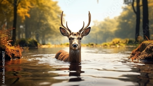 A deer stands in a river in a fall forest