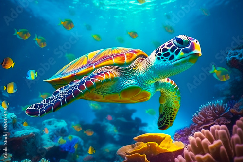 A sea turtle swims on the bottom of the ocean, Small fish, colorful coral reefs. Generative AI.