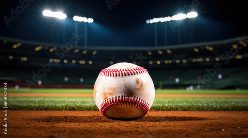 Close up of a Baseball ball in the center of the stadium