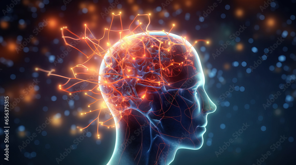 Human head with glowing neurons. Generative AI - obrazy, fototapety, plakaty 
