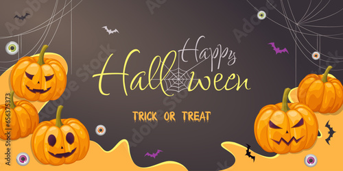Halloween horizontal card with scary pumpkins, bats and creepy eyeballs