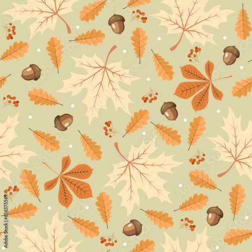 Seamless vintage pattern with orange and yellow autumn leaves, acorns and berries