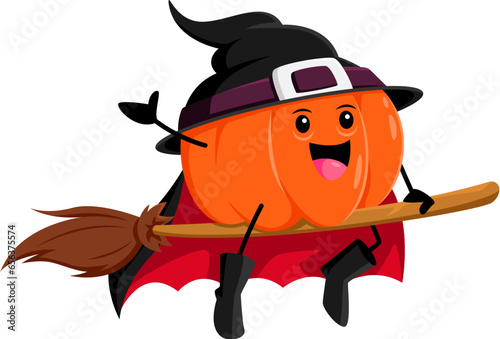 Cartoon Halloween pumpkin witch character soars through the sky on broomstick, casting enchanting spells and hurrying to holiday coven. Isolated vector hag or wizard personage riding trusty broom