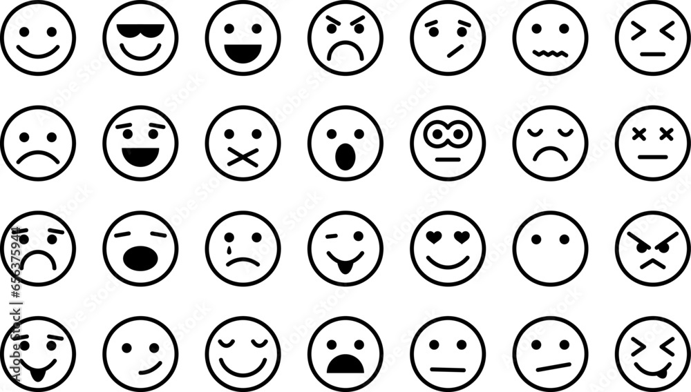 Set of emoticon face icons. Emoji with different emotion mood. Emotion icons. Smile icon. Emoticons flat vector isolated set Set of emoticon face icons. Emoji with different emotion mood. Emotion icons. Smile icon. Emoticons flat vector isolated set