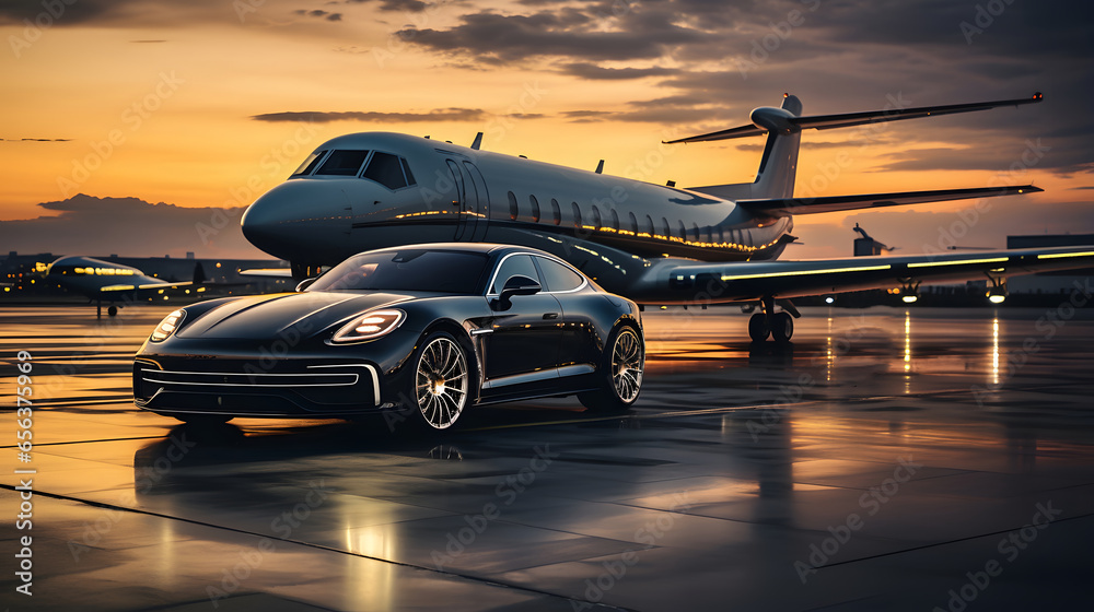 airplane with luxury car shown together at international airport - obrazy, fototapety, plakaty 