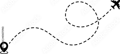 Airplane routes. Air plane flight route with line trace. Plane route. Aircraft tracking. Planes, travel, location pins, map pin. Airplane line path icon. Vector illustration