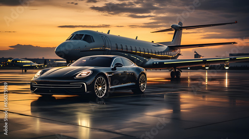 airplane with luxury car shown together at international airport