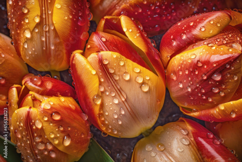 Fresh tulips with water drops, floral background. Flowers