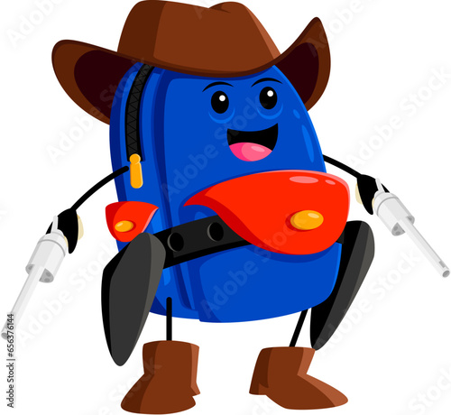 Cartoon school bag cowboy, ranger, sheriff and robber character. Isolated vector whimsical rucksack, complete with a hat, boots, and guns, ready to wrangle knowledge and adventure into every day