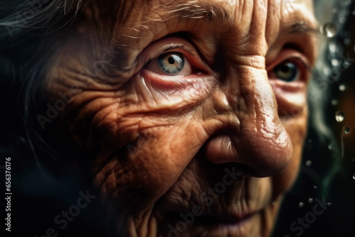 Extreme close up of old woman face with intense macro eyes and stare, face of stories wrinkles and adventures