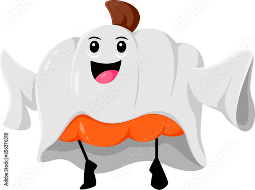 Cartoon Halloween pumpkin character transforms into a spooky grinning ghost with a floating white sheet, creating a whimsical and eerie holiday costume ensemble. Isolated vector gourd spook personage