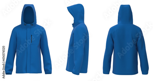 Blue Men’s hooded raincoat jacket. isolated