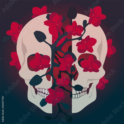 Red orchid flowers grow from the skull. Halloween and the day of the dead.  Mysticism and horror. Vector flat illustration