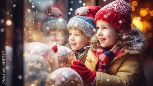 Little boy admires Christmas decorations in showcase of shop on winter evening. Tourist looking on Xmas toys and accessories on traditional Christmas market in Tallinn, Estonia.