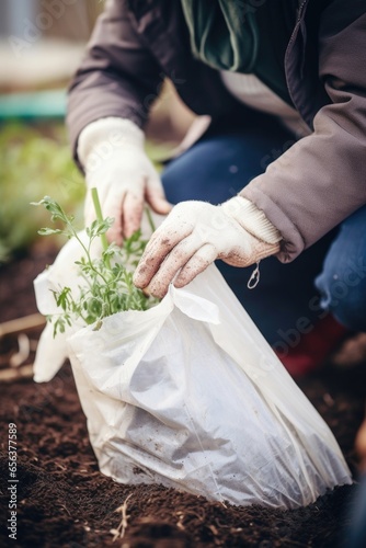 shot of an unrecognizable woman unwrapping a plastic bag before planting