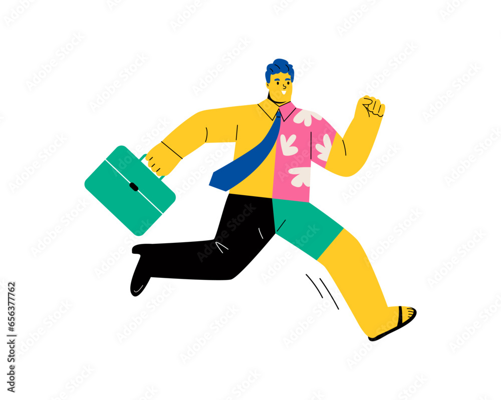 Business man running out from office to the sea beach. Vacation concept. Flat vector illustration isolated on white background