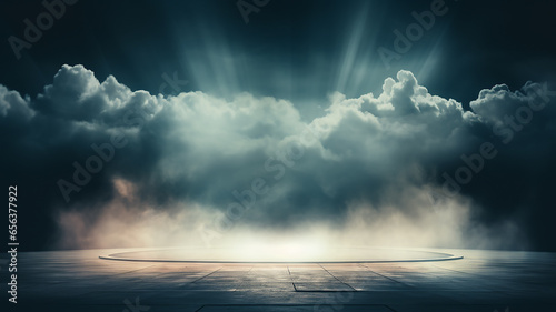 stage fog, smoke in the background light of theater spotlights on an empty stage, illuminated podium in the hall