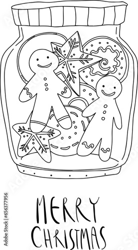 Line drawing on a Christmas theme. Cookie jar, gingerbread man. Merry Christmas inscription.