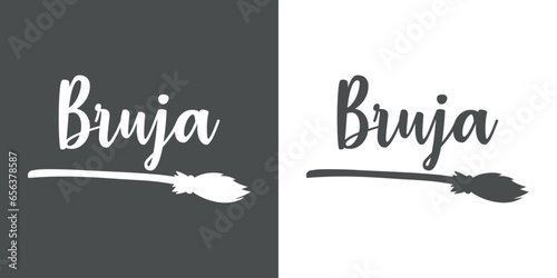 Logo con silueta de escoba de bruja con letras palabra manuscrita Bruja en español para su uso en invitaciones y tarjetas de Halloween