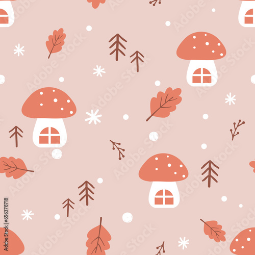 New year seamless pattern with mushroom house cartoon, pine tree, maple leaf and snowflakes on night sky background vector illustration.