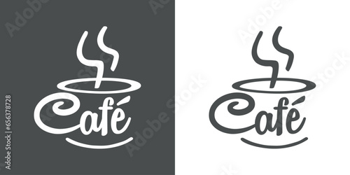Logo cafetería. Letras palabra café en español en texto manuscrito con forma de taza de café con humo