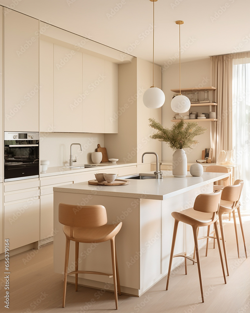 A luxury kitchen of a beautiful bright modern Scandinavian style, generative AI
A luxury kitchen of a beautiful bright modern Scandinavian style, generative AI
