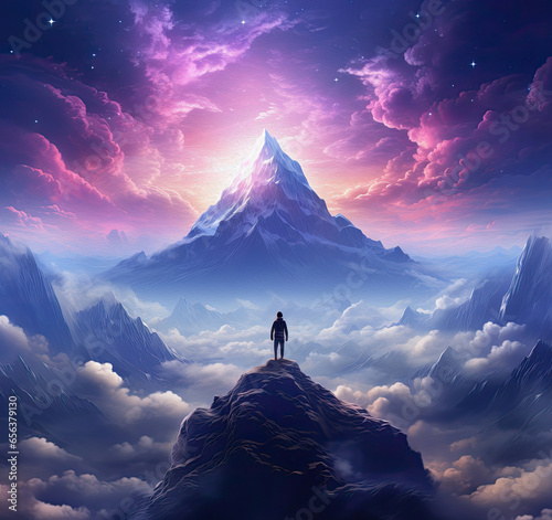 person standing on top of mountain with mountains on sky