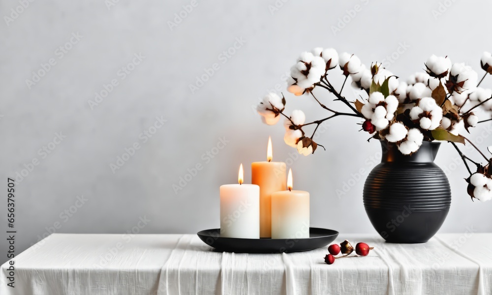 Stylish table with cotton flowers and aroma candles near light wall. 
