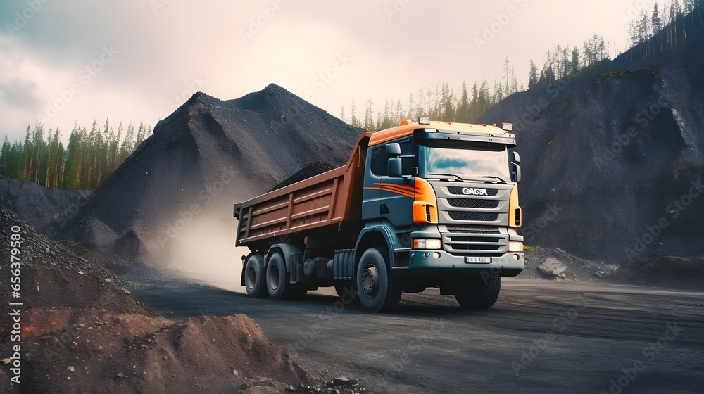Large mining dump truck at the construction site. Powerful modern equipment for the delivery and transportation of bulk cargo. Construction site. Rental of construction equipment. - obrazy, fototapety, plakaty 