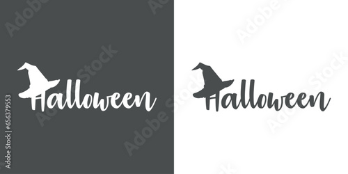 Logo con silueta de sombrero de bruja con letras palabra manuscrita Halloween para su uso en invitaciones y tarjetas