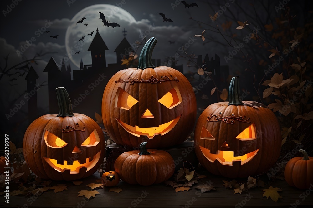 Capture the essence of Halloween with a mesmerizing display of carved pumpkins. These glowing jack-o'-lanterns bring the spirit of the season to life. Perfect for your Halloween-themed projects. Capture the essence of Halloween with a mesmerizing display of carved pumpkins. These glowing jack-o'-lanterns bring the spirit of the season to life. Perfect for your Halloween-themed projects.