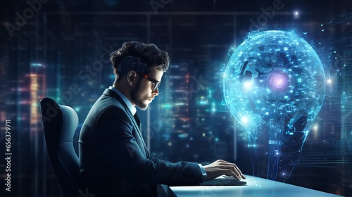 businessman harnessing AI technology for data analysis and coding with digital brain - machine learning concept on virtual screen