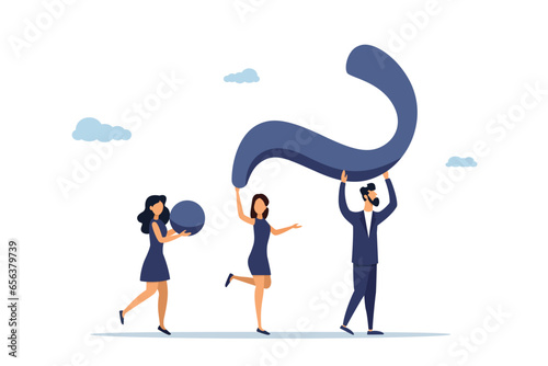 Concept for solving a problem. Finding a solution to a difficulty, teamwork to solve a problem. Colleagues carry a question mark. Illustration
