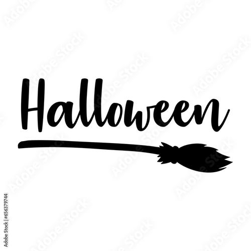 Logo con silueta de escoba de bruja con letras palabra manuscrita Halloween para su uso en invitaciones y tarjetas