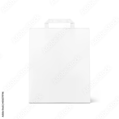 Paper packaging bag with handle mockup. Front view. Vector illustration isolated on white background. Ready for use in presentation, promo, advertising and more. EPS10.