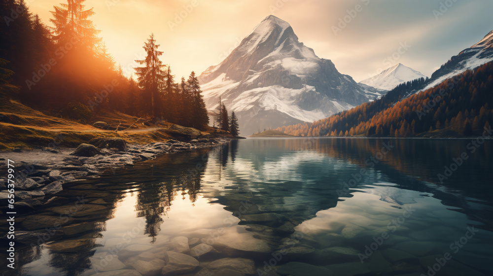 Mountain with Sunrise Reflections in Clear Water