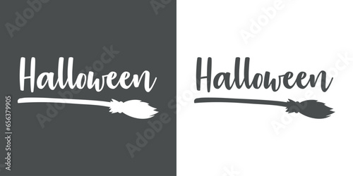 Logo con silueta de escoba de bruja con letras palabra manuscrita Halloween para su uso en invitaciones y tarjetas