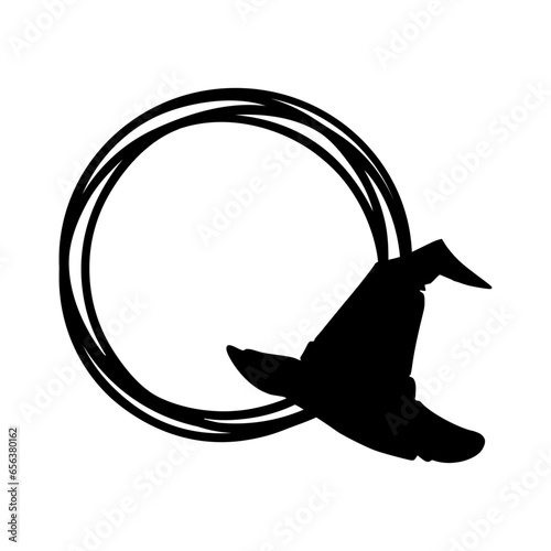 Logo con marco circular con líneas con silueta de sombrero de bruja para su uso en invitaciones y tarjetas de Halloween