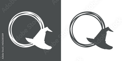 Logo con marco circular con líneas con silueta de sombrero de bruja para su uso en invitaciones y tarjetas de Halloween