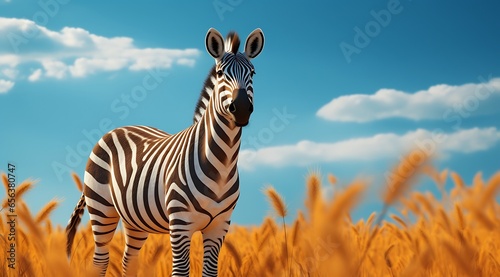 Zebra in a field of wheat. 3d render illustration.