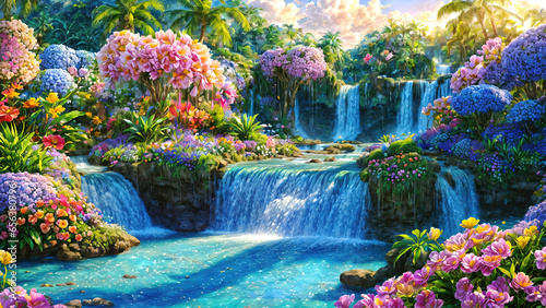 A beautiful paradise land full of flowers, rivers and waterfalls, a blooming and magical idyllic Eden garden. photo