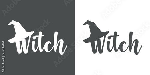 Logo con silueta de sombrero de bruja con letras palabra manuscrita Witch para su uso en invitaciones y tarjetas de Halloween