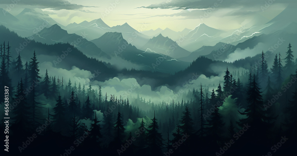 Illustration of Elegant Pixel Landscape with Mountains and Trees in blue and aquamarine