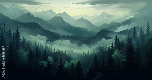 Illustration of Elegant Pixel Landscape with Mountains and Trees in blue and aquamarine